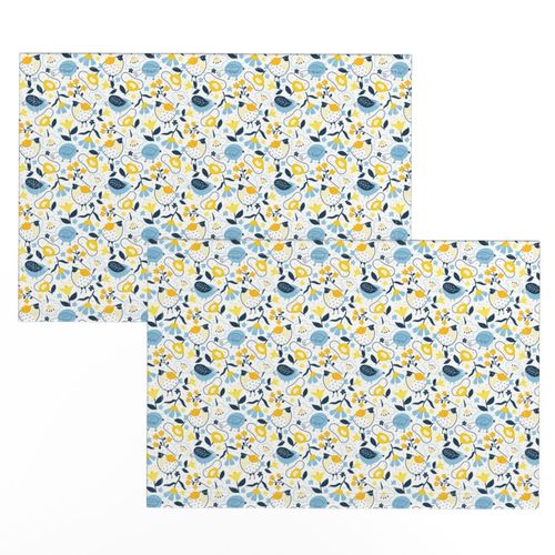 Smaller Tweety Birds and Flowers Navy Blue Yellow Gold