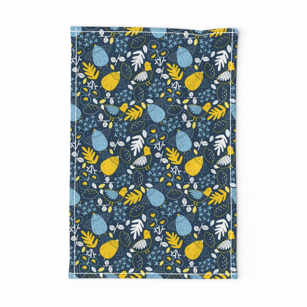 Bigger Tweety Birds and Flowers Navy Blue Yellow Gold