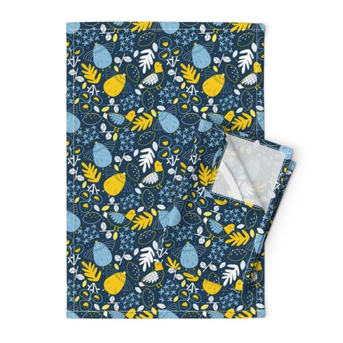 Bigger Tweety Birds and Flowers Navy Blue Yellow Gold