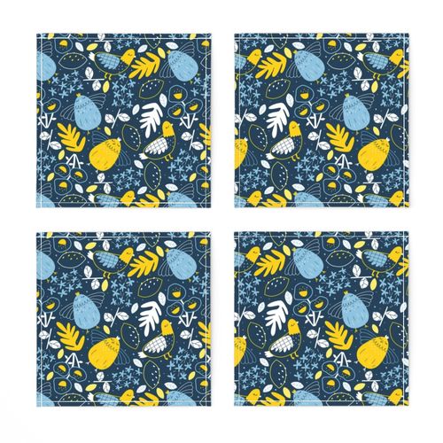 Bigger Tweety Birds and Flowers Navy Blue Yellow Gold