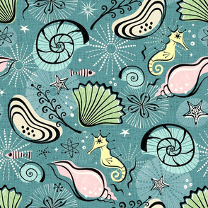 Vintage Seashells and Seahorses - Larger Scale Blue