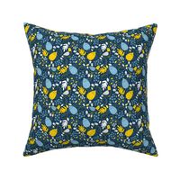 Smaller Tweety Birds and Flowers Navy Blue Yellow Gold