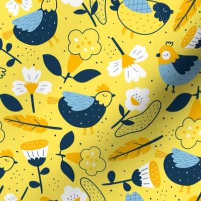 Bigger Tweety Birds and Flowers Navy Blue Yellow Gold