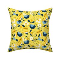 Bigger Tweety Birds and Flowers Navy Blue Yellow Gold