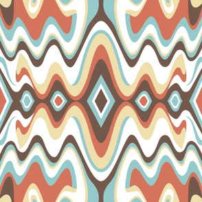 Southwestern Bohemian Liquid Mid Century Modern Waves // Sky Blue, Potters Clay Terra Cotta, Dark Brown, Butter Yellow, White // V1 // Formatted for Spoonflower Curtains