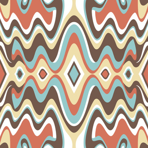 Southwestern Bohemian Liquid Mid Century Modern Waves // Sky Blue, Potters Clay Terra Cotta, Dark Brown, Butter Yellow, White // V2 // Formatted for Spoonflower Curtains