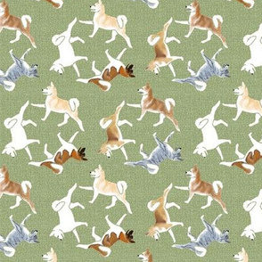 Assorted Akita Dogs on Moss Green Linen Look