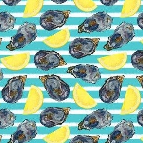 oysters and lemon slices on turquoise stripes 