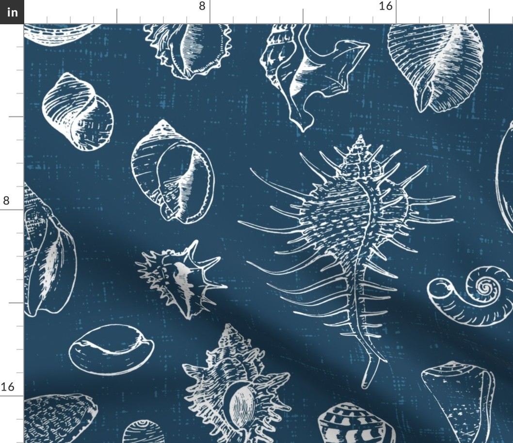 Sketched Shells on Textured Marine Blue - extra large scale
