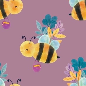 Baby Bee 8x8 Whimsical Watercolor Honey Bee Flowers Yellow Purple Design