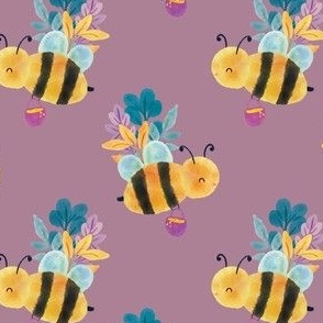 Baby Bee 4x4 Whimsical Watercolor Honey Bee Flowers Yellow Purple Design
