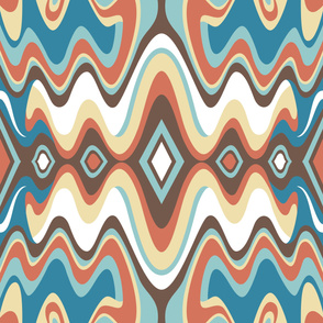 Southwestern Bohemian Liquid Mid Century Modern Waves // Cerulean, Sky Blue, Potters Clay Terra Cotta, Dark Brown, Butter Yellow, White // V7 // Formatted for Spoonflower Curtains