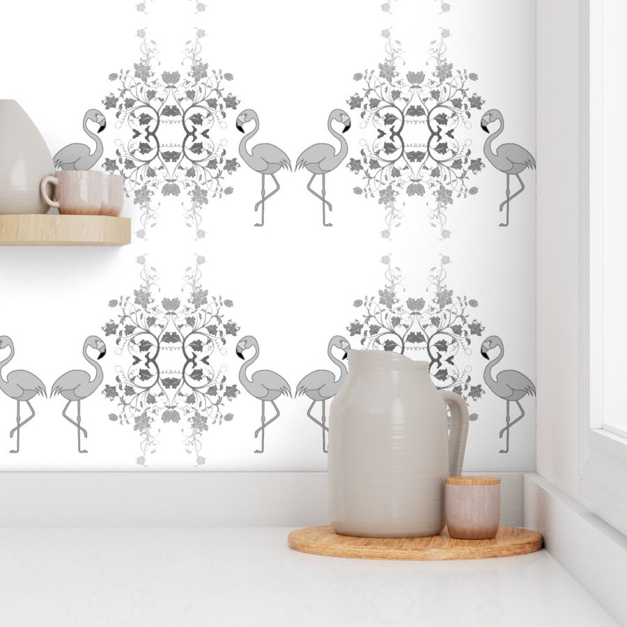 Flamingo Trellis (shimmer) - silver on white, medium 