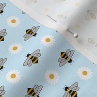 Bees and Daisies on Cornflower Blue