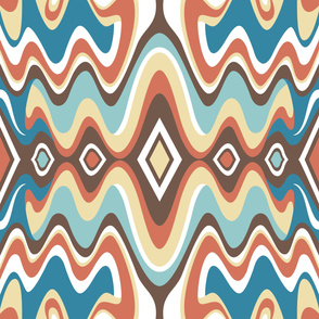 Southwestern Bohemian Liquid Mid Century Modern Waves // Cerulean, Sky Blue, Potters Clay Terra Cotta, Dark Brown, Butter Yellow, White // V6 // Formatted for Spoonflower Curtains