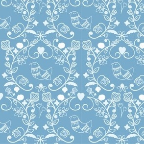 Blue Folk Bird, floral vines