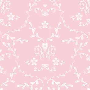 Soft stamped damask, White on Baby Pink