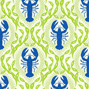 Lobster and Seaweed Nautical Damask - white cobalt blue bright green - medium scale-01