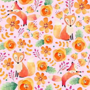Large Scale - Floral Fox Friends - Baby Pink Background