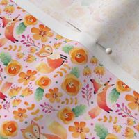 Small Scale - Flowery Fox Friends - Baby Pink Background