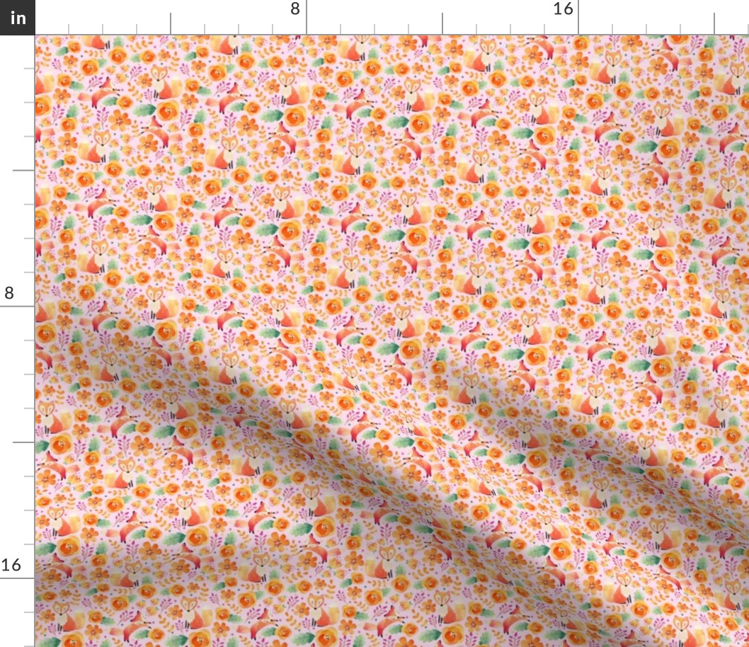 Small Scale - Flowery Fox Friends - Baby Pink Background