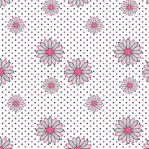 Red and Black flower outlines and polka dots on a white background