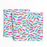 Bigger Scale - Colorful Floating Feathers - Light Blue Sky Background