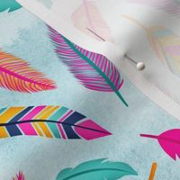 Bigger Scale - Colorful Floating Feathers - Light Blue Sky Background