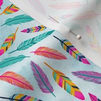 Smaller Scale - Colorful Floating Feathers - Light Blue Sky Background