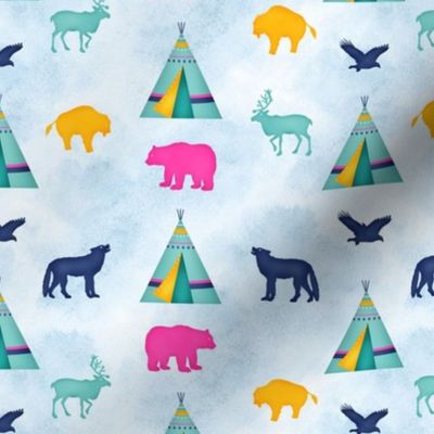 Smaller Scale - Tribal Animals - Blue Sky Background