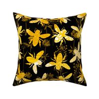 Large Scale Abstract Bees and Honeycomb Floral Yellow Gold Black Ivory Honey Pollinators Dark Background