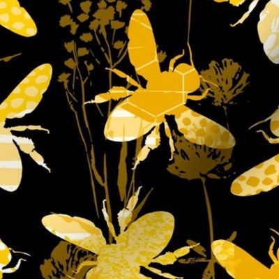 Large Scale Abstract Bees and Honeycomb Floral Yellow Gold Black Ivory Honey Pollinators Dark Background