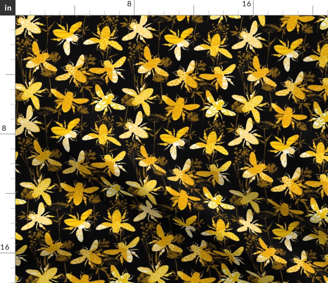Medium Scale Abstract Bees and Honeycomb Floral Yellow Gold Black Ivory Honey Pollinators Dark Background