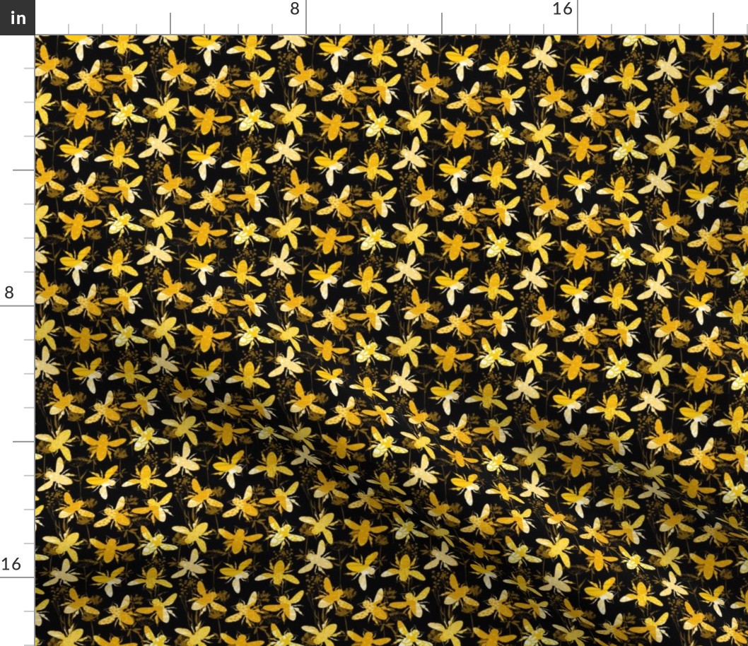 Small Scale Abstract Bees and Honeycomb Floral Yellow Gold Black Ivory Honey Pollinators Dark Background