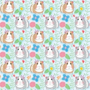small guinea pigs and embroidered flowers on soft blue