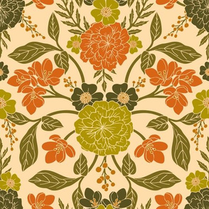 Retro 1970s Floral in Olive Green & Orange