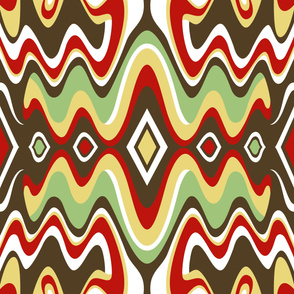 Southwestern Bohemian Liquid Mid Century Modern Waves // Red, Green, Dark Brown, Yellow, White // V1 // Formatted for Spoonflower Curtains