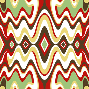 Southwestern Bohemian Liquid Mid Century Modern Waves // Red, Green, Dark Brown, Yellow, White // V2 // Formatted for Spoonflower Curtains