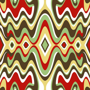 Southwestern Bohemian Liquid Mid Century Modern Waves // Red, Green, Dark Brown, Yellow, White // V3 // Formatted for Spoonflower Curtains