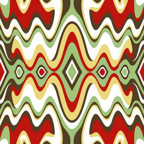 Southwestern Bohemian Liquid Mid Century Modern Waves // Red, Green, Dark Brown, Yellow, White // V4 // Formatted for Spoonflower Curtains