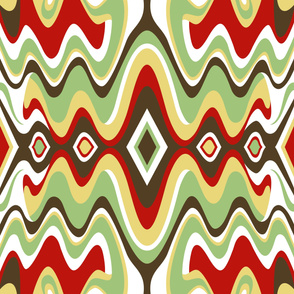 Southwestern Bohemian Liquid Mid Century Modern Waves // Red, Green, Dark Brown, Yellow, White // V5 // Formatted for Spoonflower Curtains
