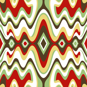 Southwestern Bohemian Liquid Mid Century Modern Waves // Red, Green, Dark Brown, Yellow, White // V7 // Formatted for Spoonflower Curtains