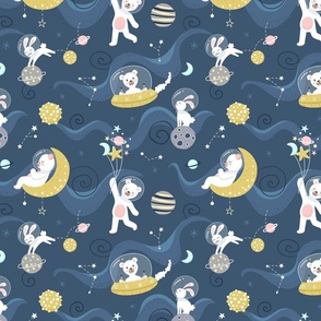 Cute bears and bunnies in space