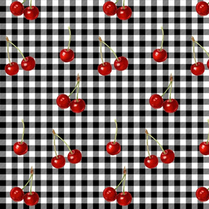 Red cherries on black and white gingham