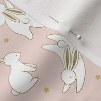 Cute bunnies with pink background - baby girl nursery decor baby rabbits forest animals print pink and gold stars