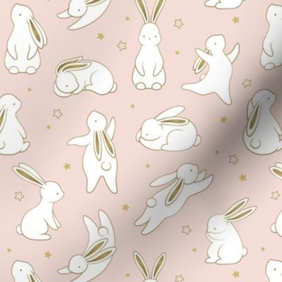 Cute bunnies with pink background - baby girl nursery decor baby rabbits forest animals print pink and gold stars