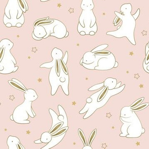 Cute bunnies with pink background - baby girl nursery decor baby rabbits forest animals print pink and gold stars