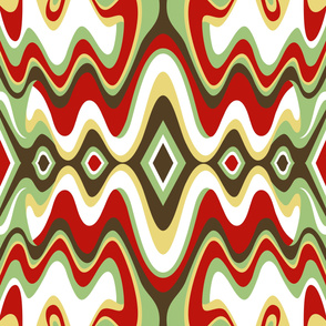 Southwestern Bohemian Liquid Mid Century Modern Waves // Red, Green, Dark Brown, Yellow, White // V8 // Formatted for Spoonflower Curtains