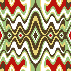 Southwestern Bohemian Liquid Mid Century Modern Waves // Red, Green, Dark Brown, Yellow, White // V9 // Formatted for Spoonflower Curtains