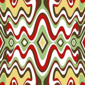 Southwestern Bohemian Liquid Mid Century Modern Waves // Red, Green, Dark Brown, Yellow, White // V10 // Formatted for Spoonflower Curtains